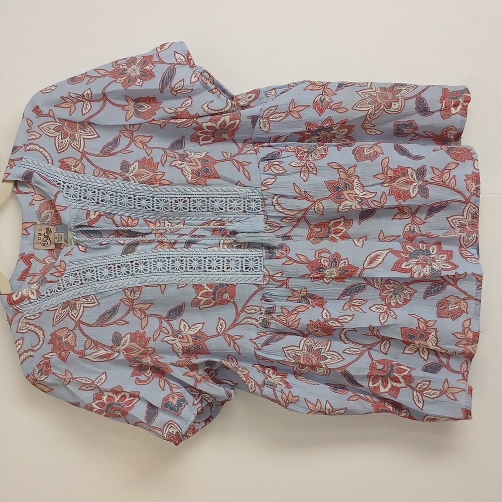 Como Vintage Blue Floral Tie Blouse in Size M